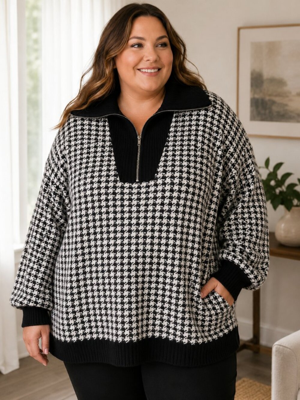Chic Soul 2X Black White Houndstooth Quarter Zip Fold Over Collar Sweater Office